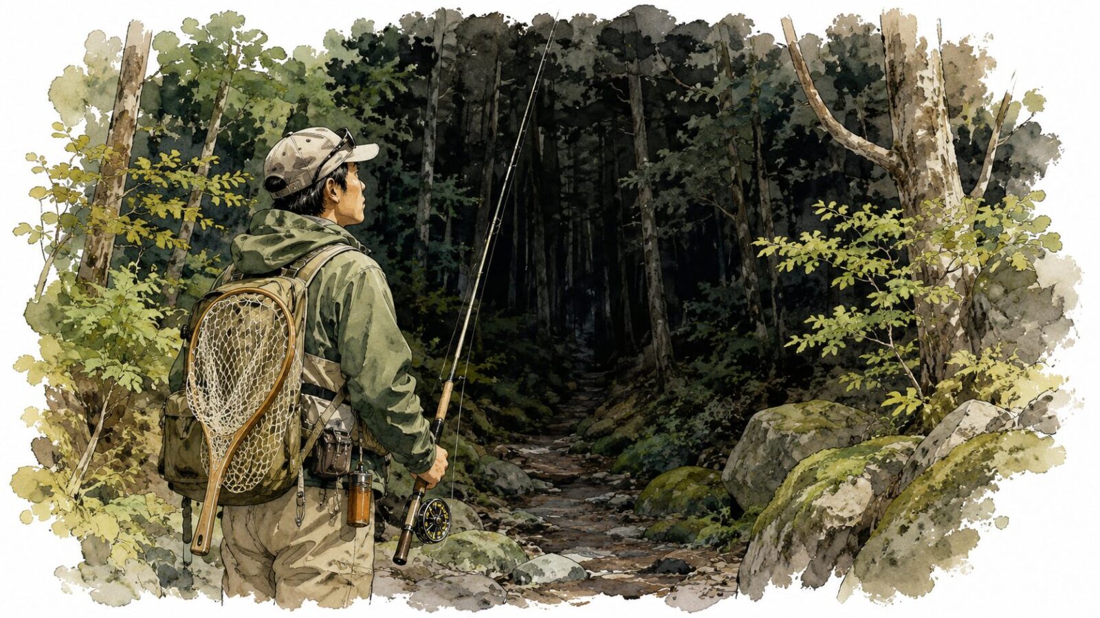 森を見つめるアングラー