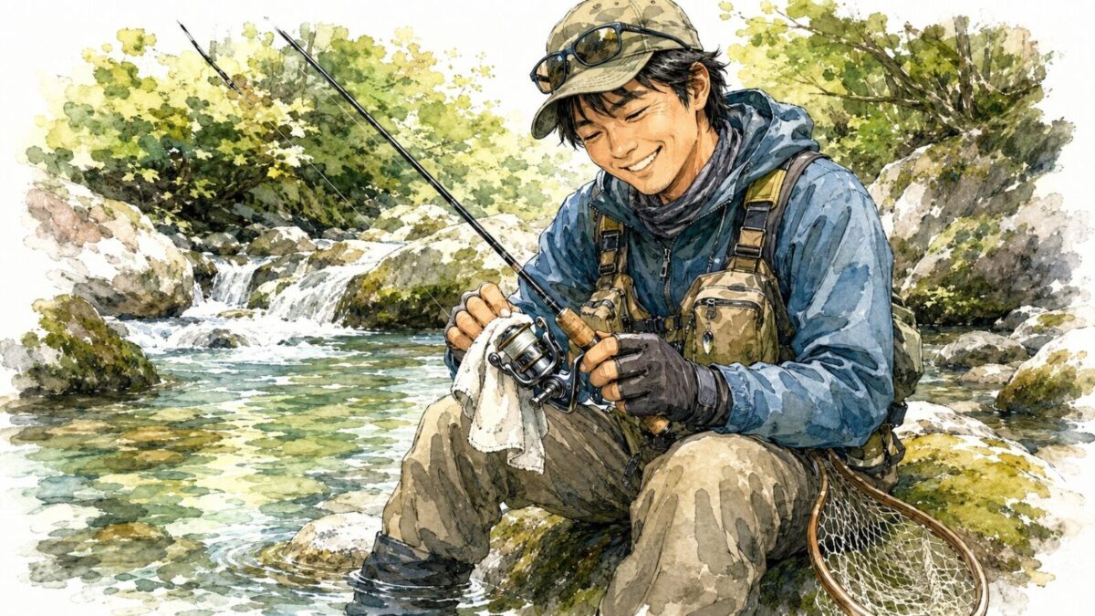 リールを手入れする姿