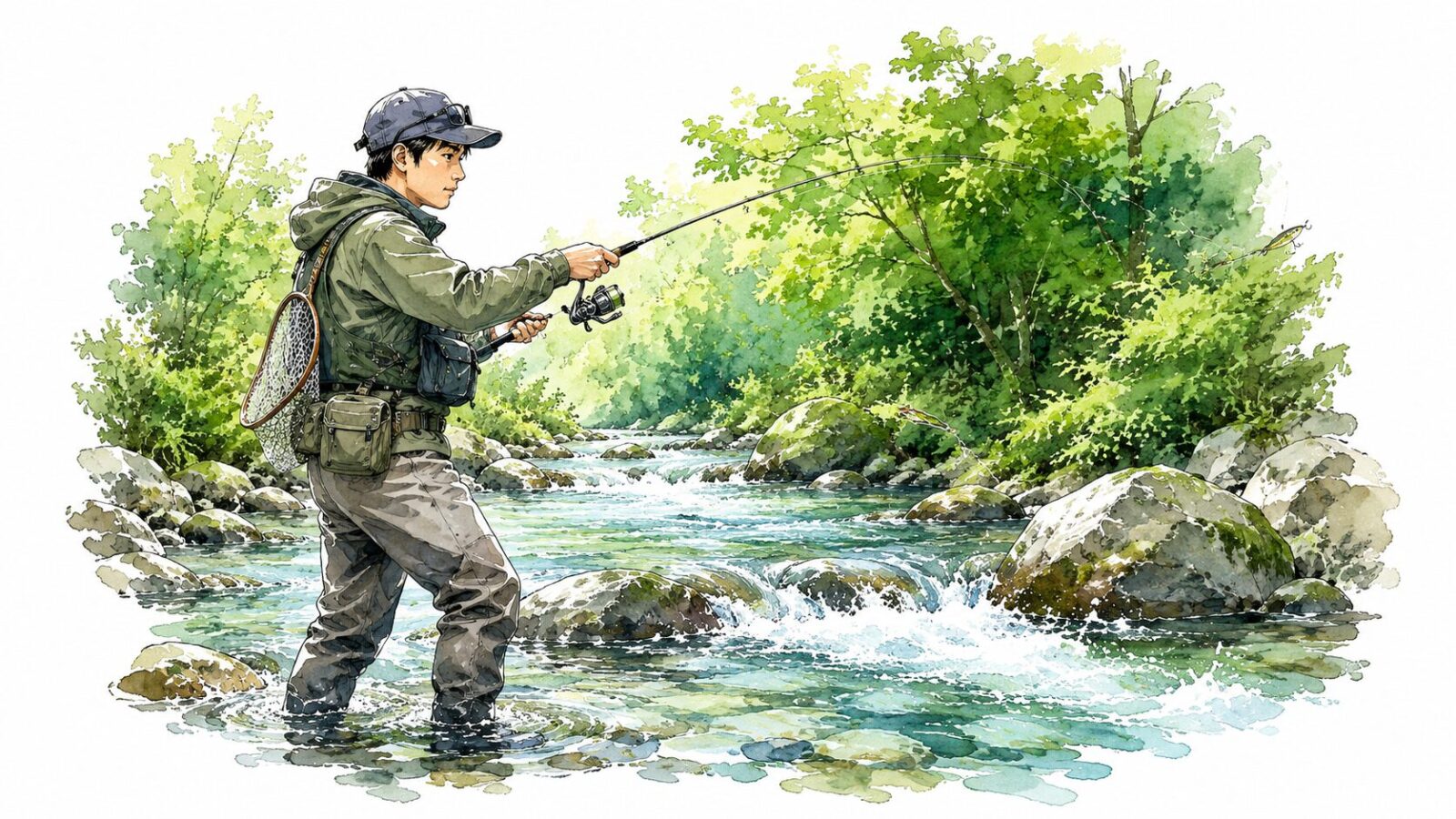 渓流で軽快にロッドを振るアングラー