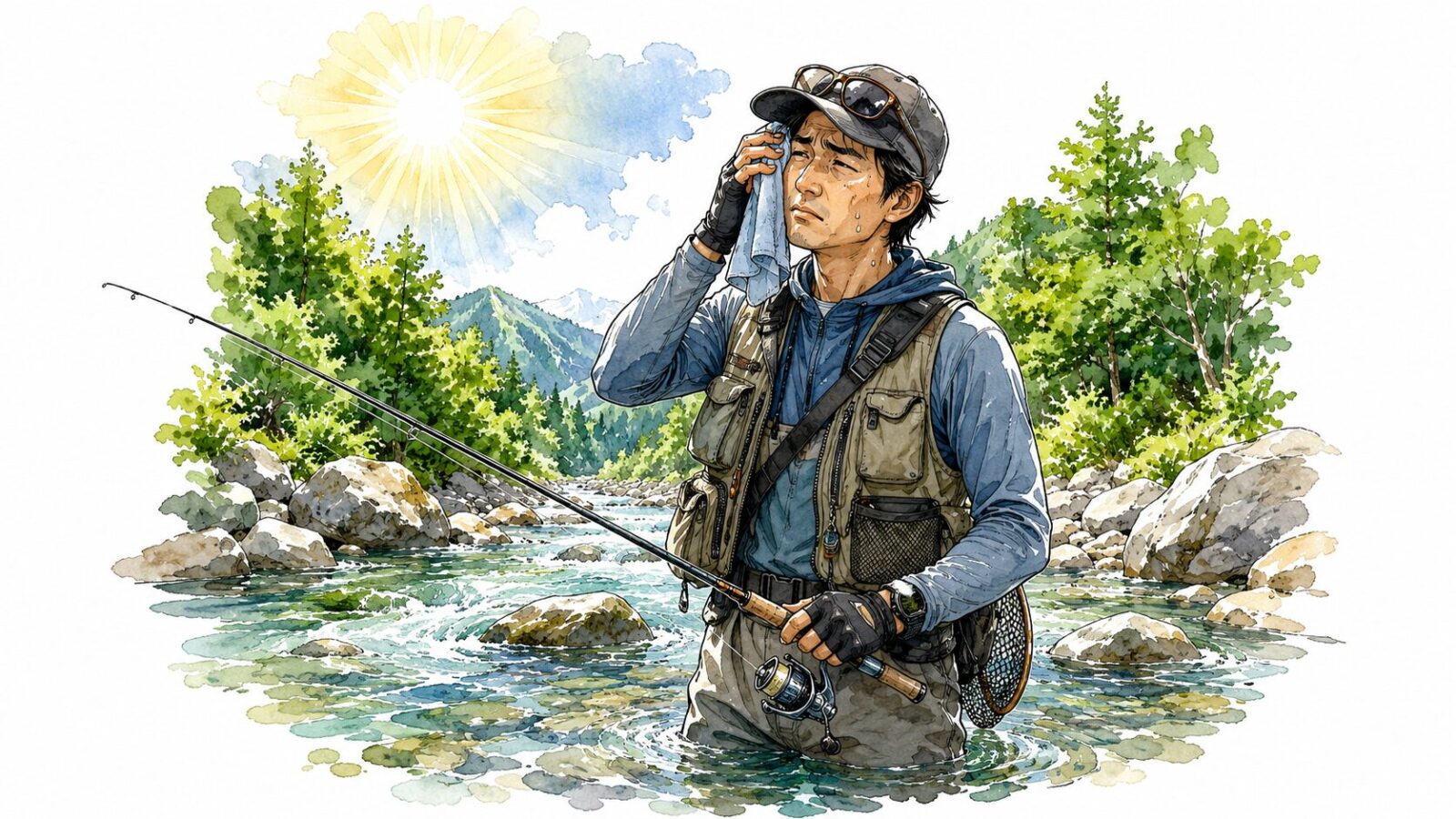 釣れなくて汗を拭うアングラー