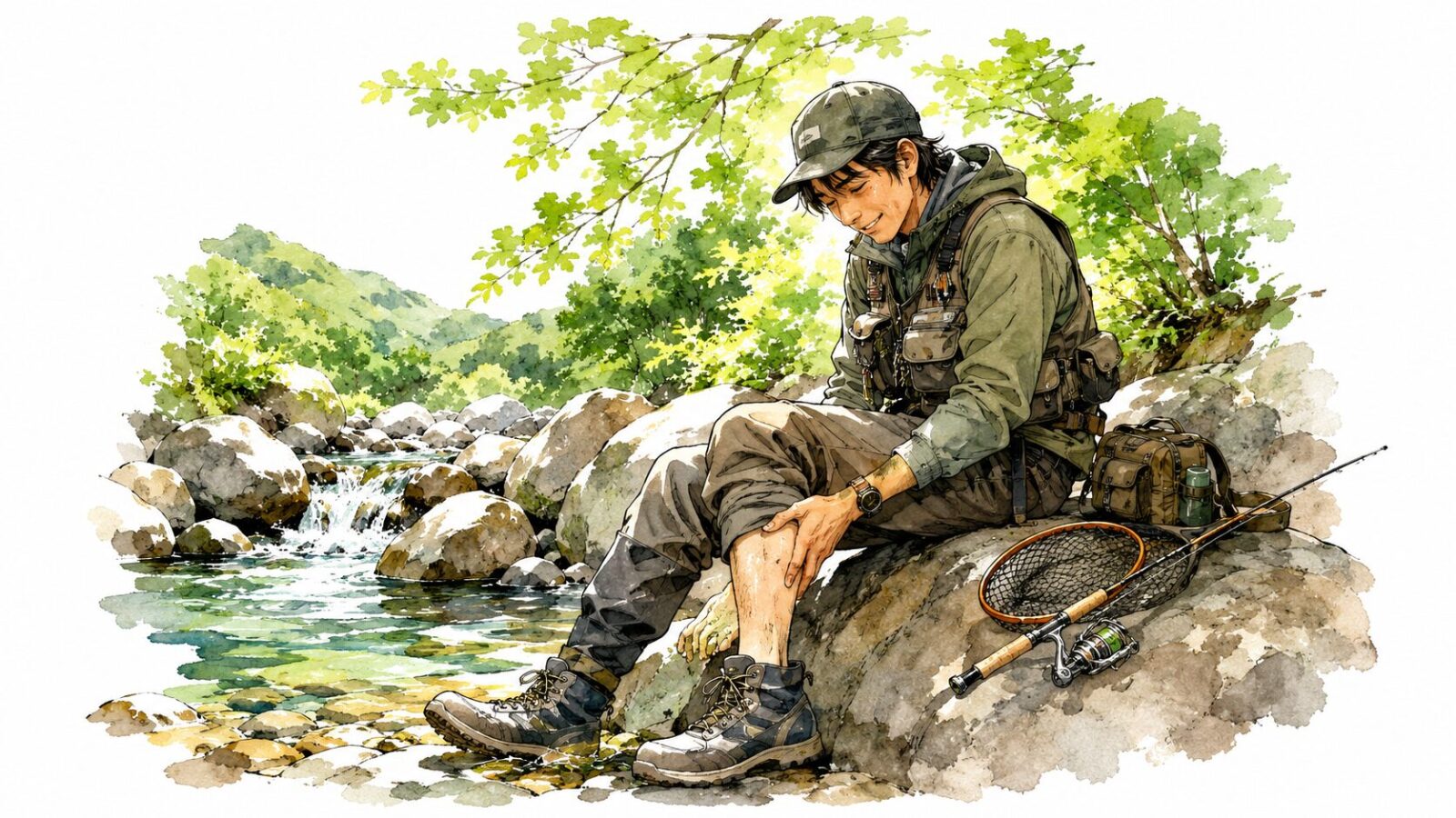 疲れて岩に座って一休みするアングラー