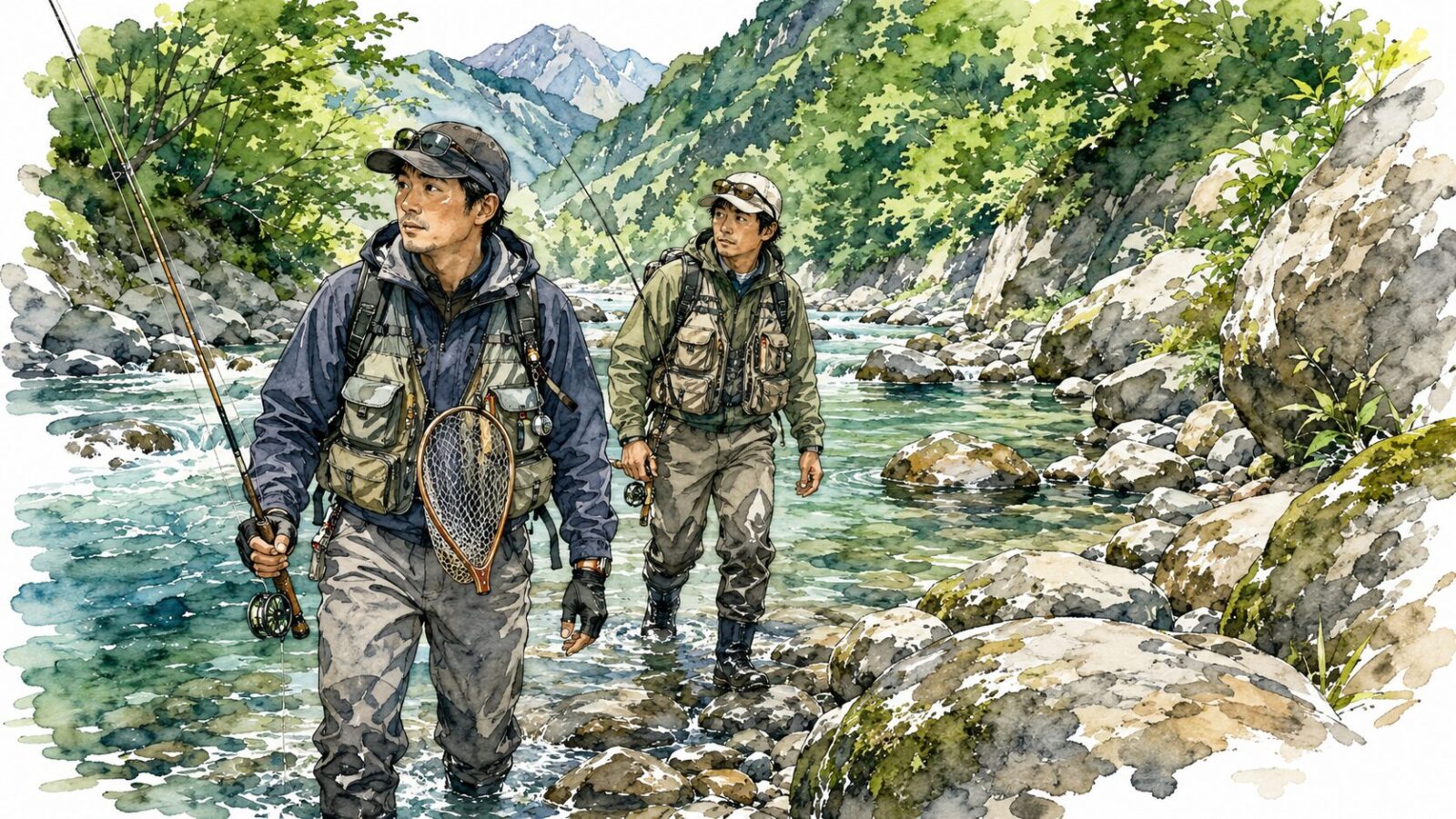 仲間と2人で森へ入るアングラー