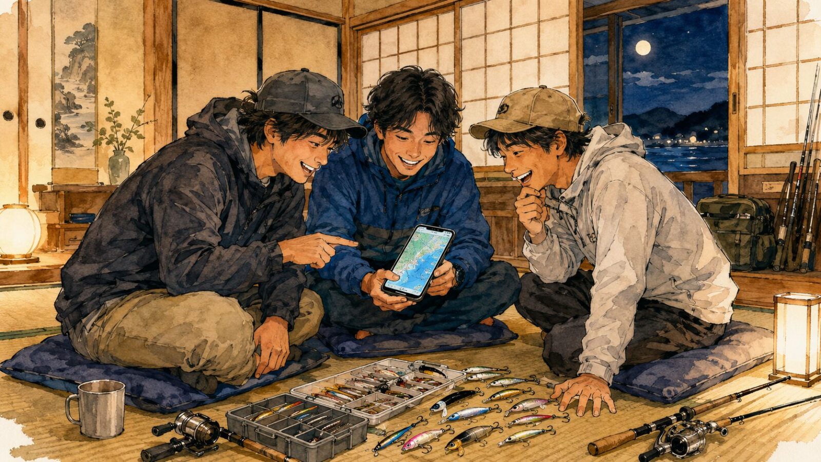 ゲストハウスの和室で明日の作戦会議をする仲間たち