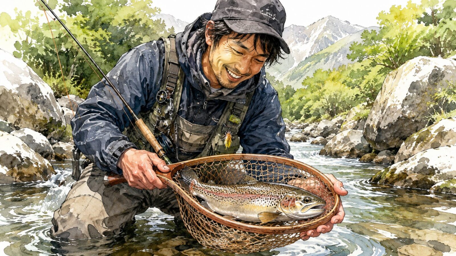 苦労して釣り上げたトラウトに喜ぶアングラー