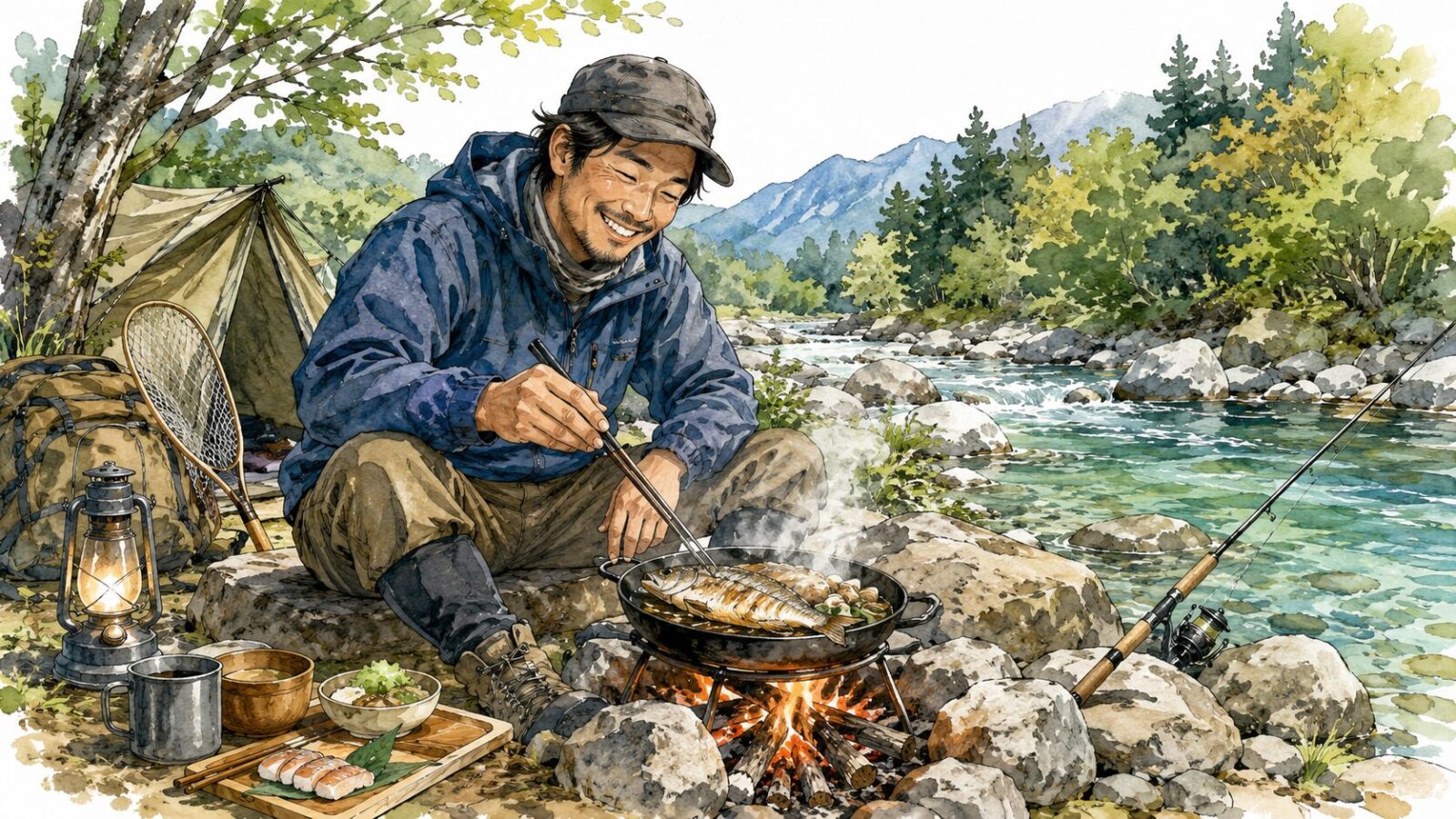 キャンプ飯を楽しむアングラー