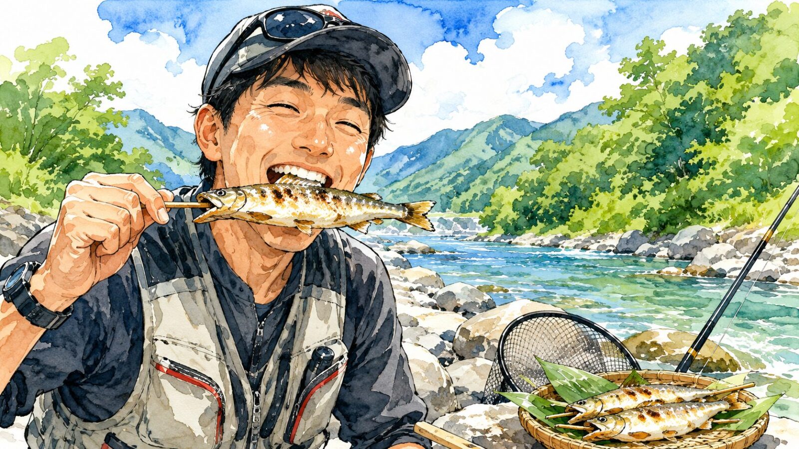 アユを笑顔で食べる姿