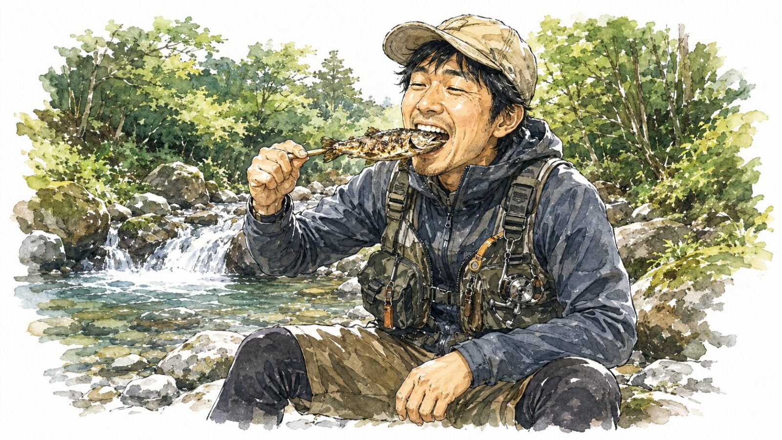 大自然の中で渓流飯を頬張る姿