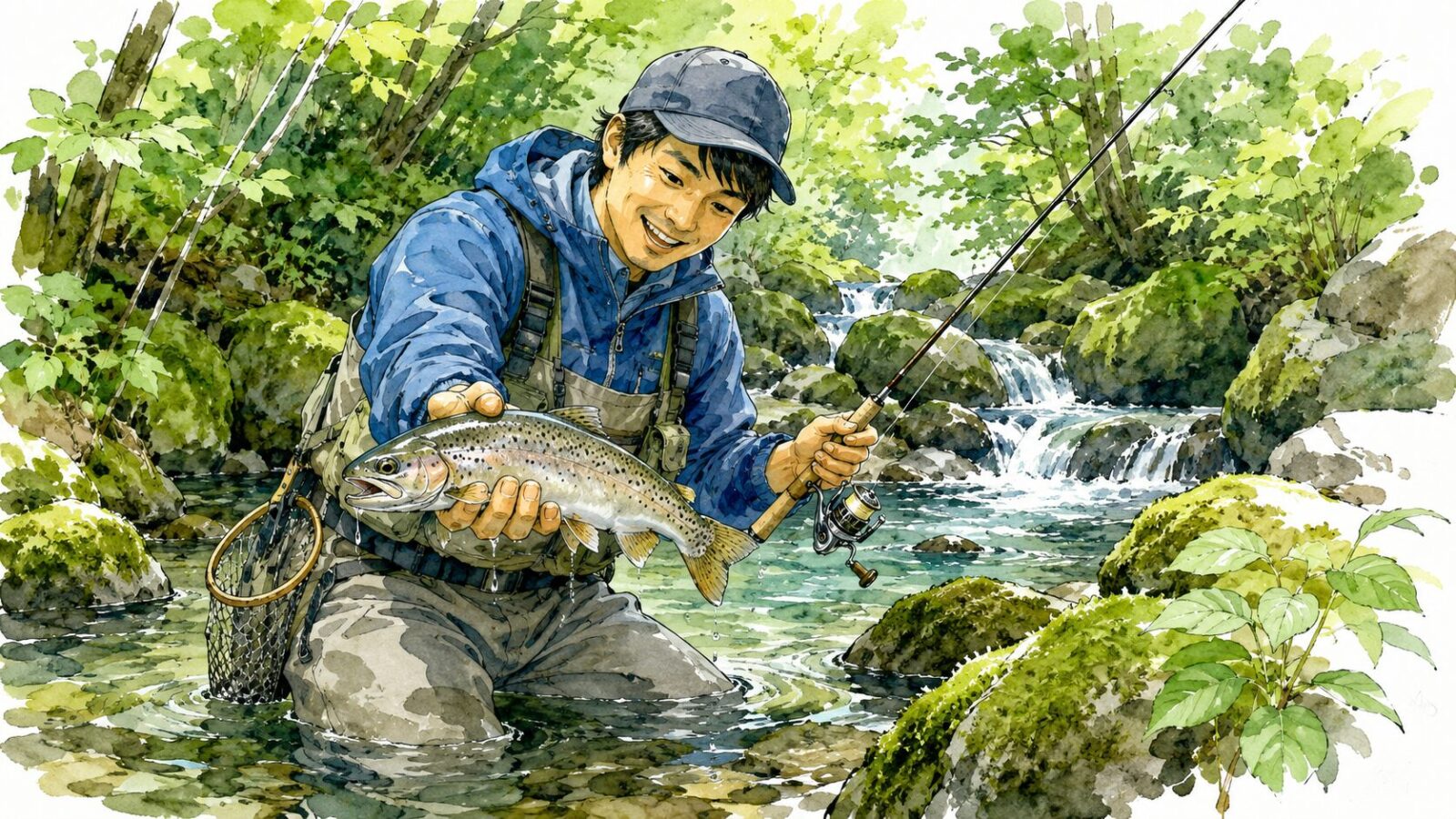 源流で涼しく釣る姿
