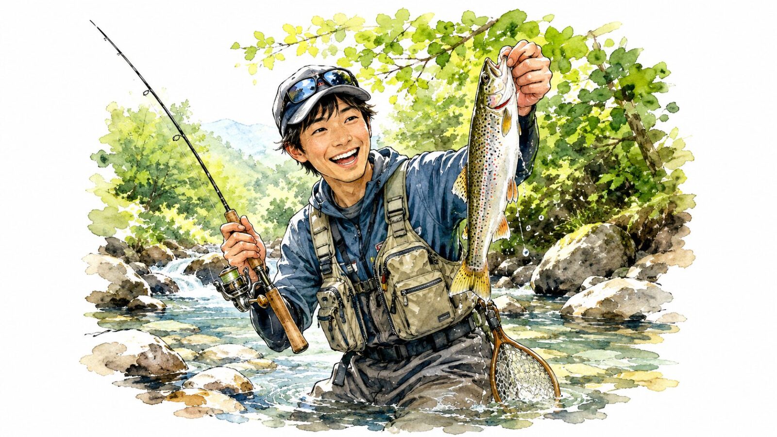 夏の渓流を楽しむ笑顔のアングラー