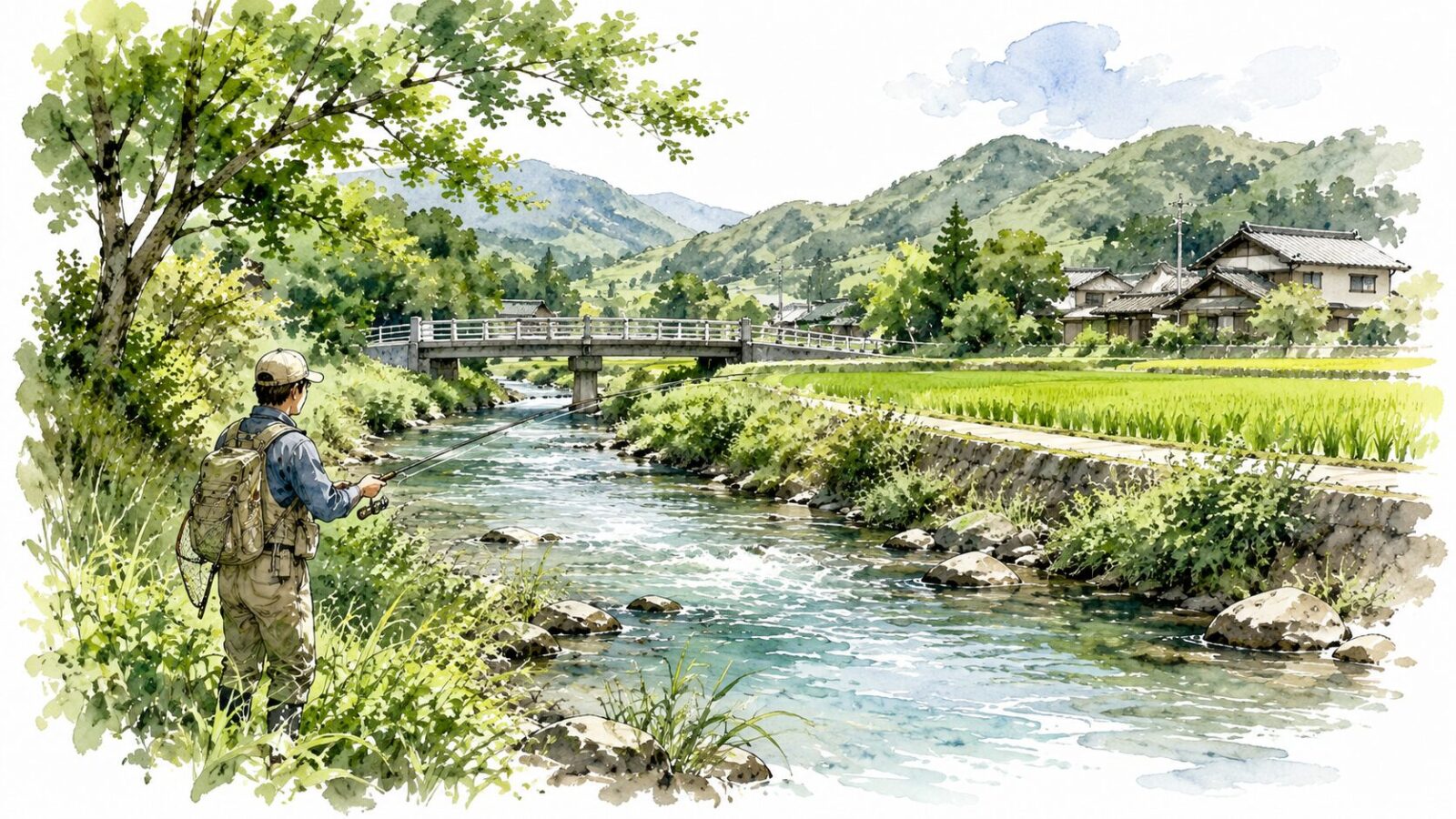 のどかな里川での釣り風景
