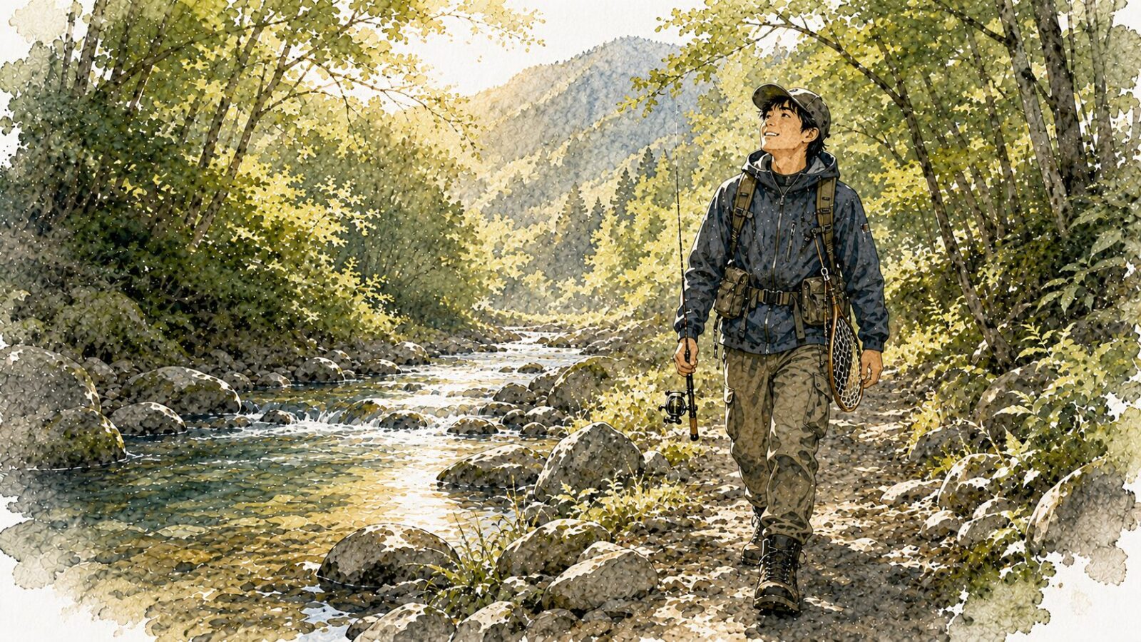 釣果に関わらず川辺でリラックスする風景