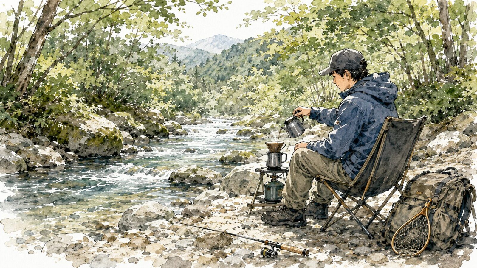 川原でコーヒーを楽しむ風景