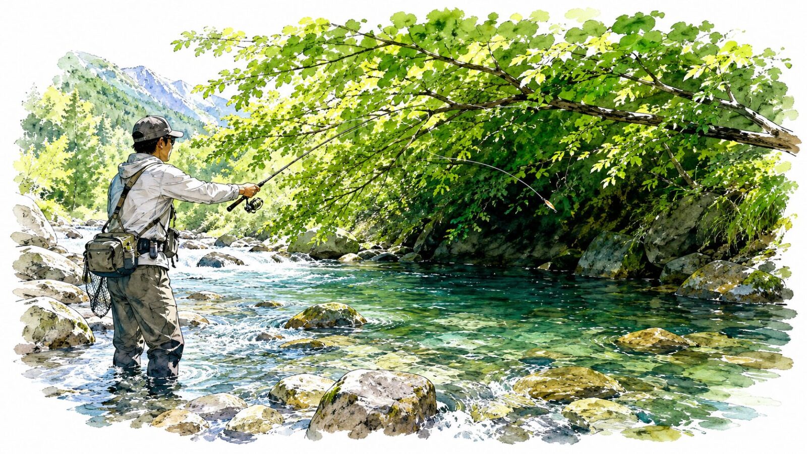 夏の渓流でオーバーハングを狙うアングラー